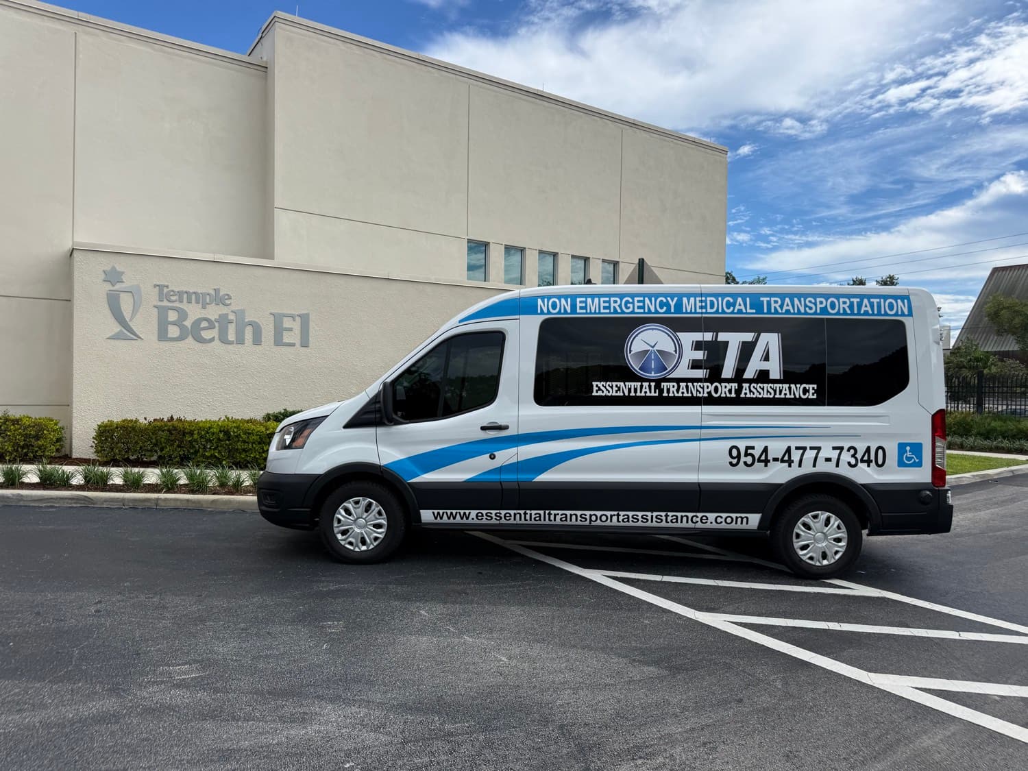 Essential Transport Assistance wheelchair van parked outside a South Florida synagogue